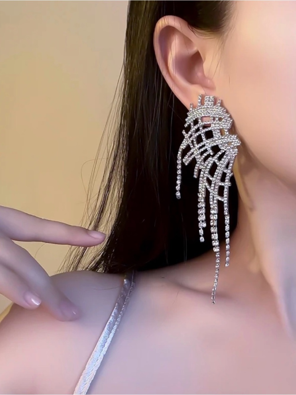 Anthropologie Silver Crystal Fringe Cascade Earrings
